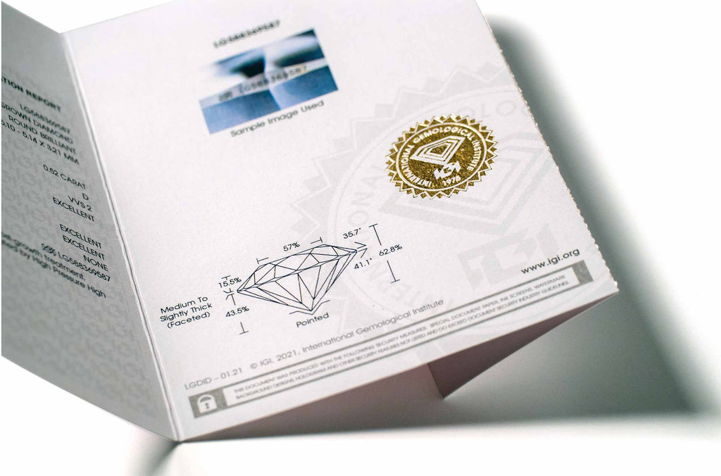 Certificación IGI de un diamante de 0.50 quilates.