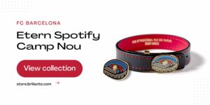 Banner from the Etern Spotify Camp Nou diamond collection. 1957 bracelet with the 1957 pin, finished in 18K gold and enamel.